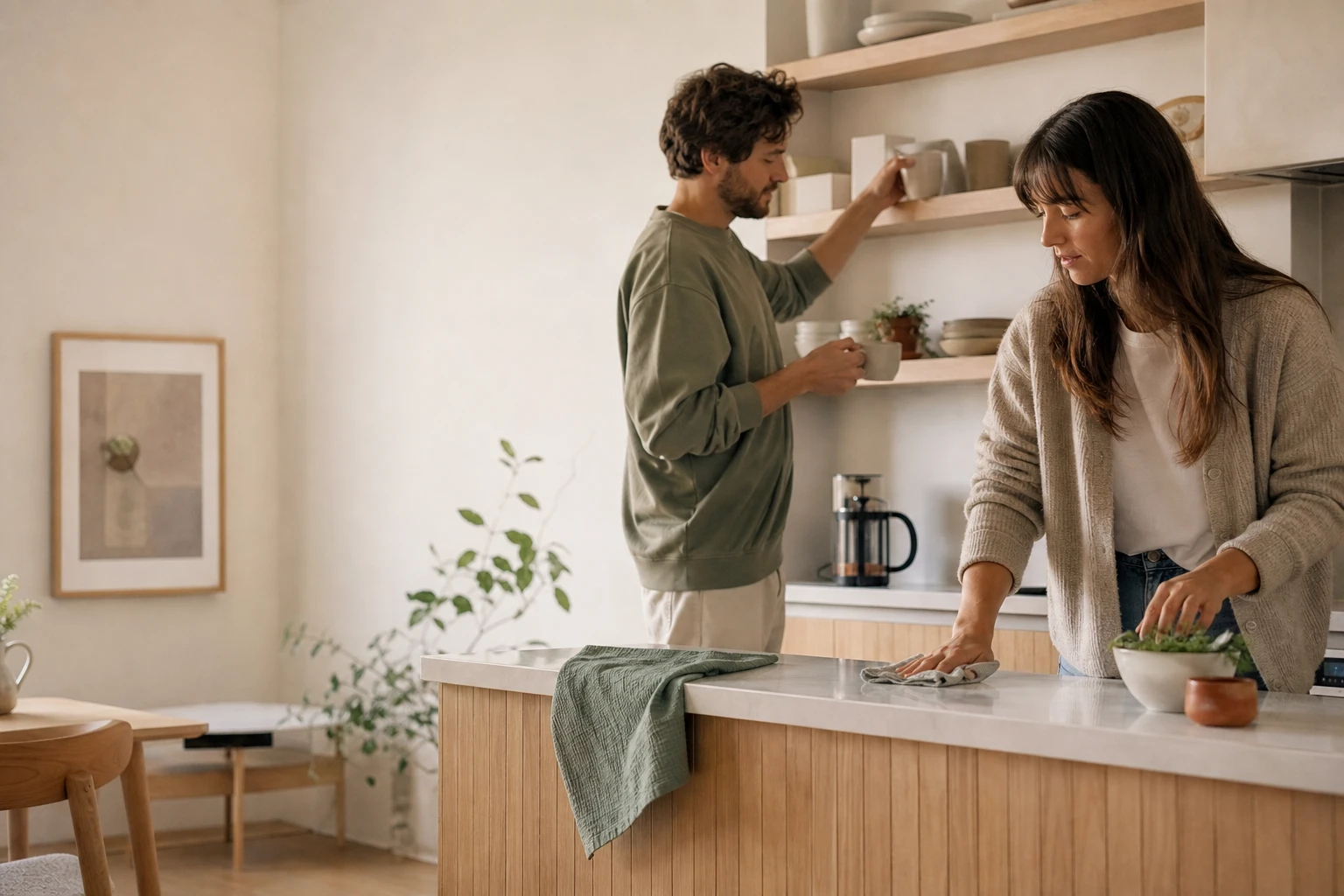 Two people sharing a kitchen reset in a warm, sunlit home