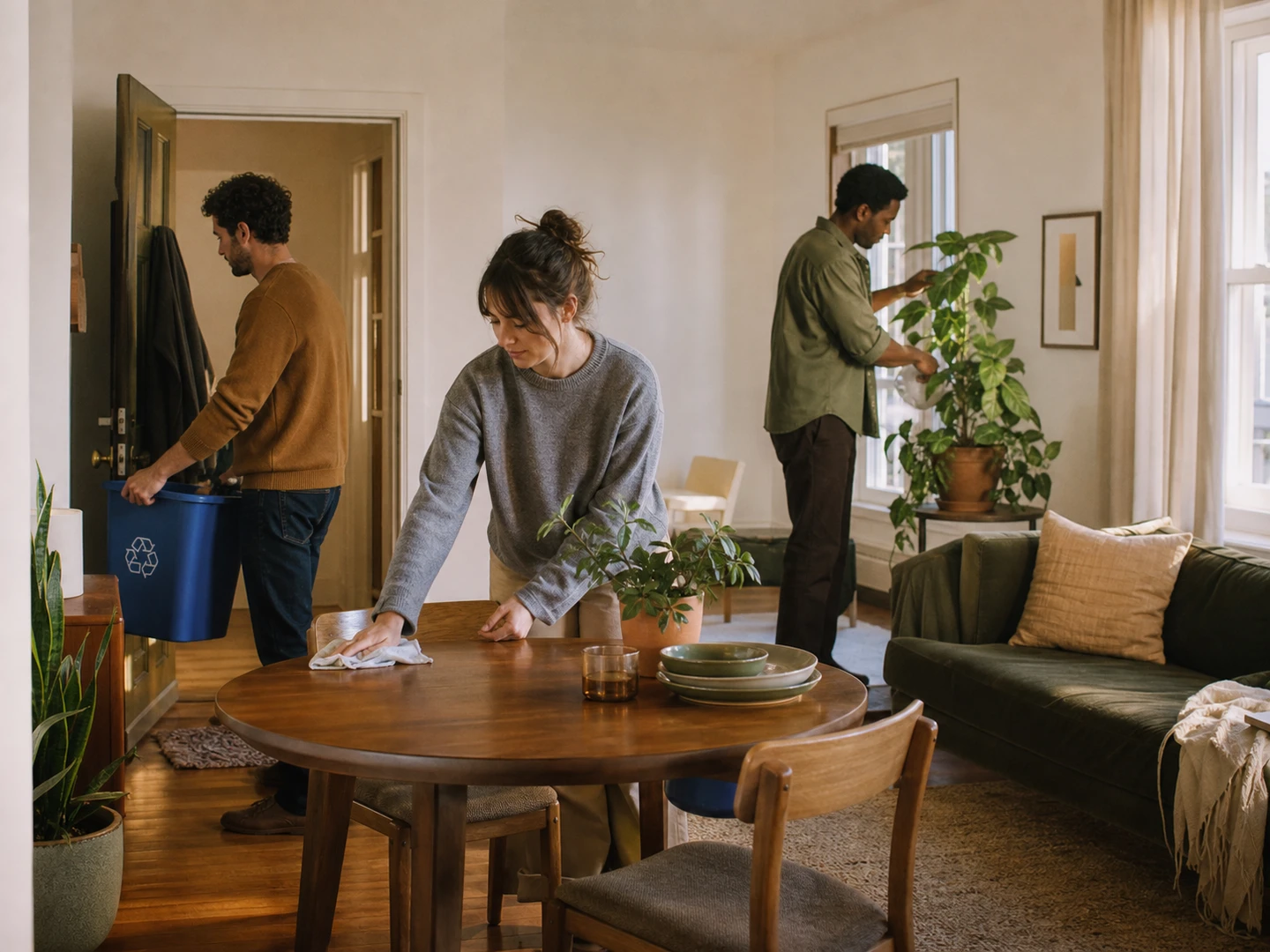 Roommates tidying a shared living room together